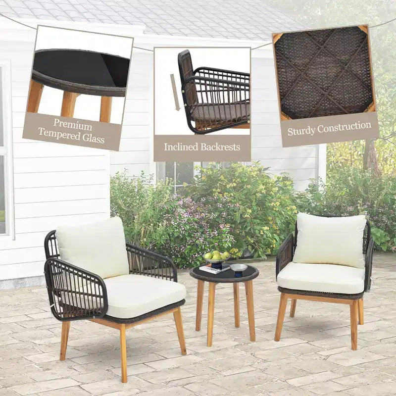 Costway 3 PCS Patio Furniture Set with Cushioned Chairs and Tempered Glass Side Table