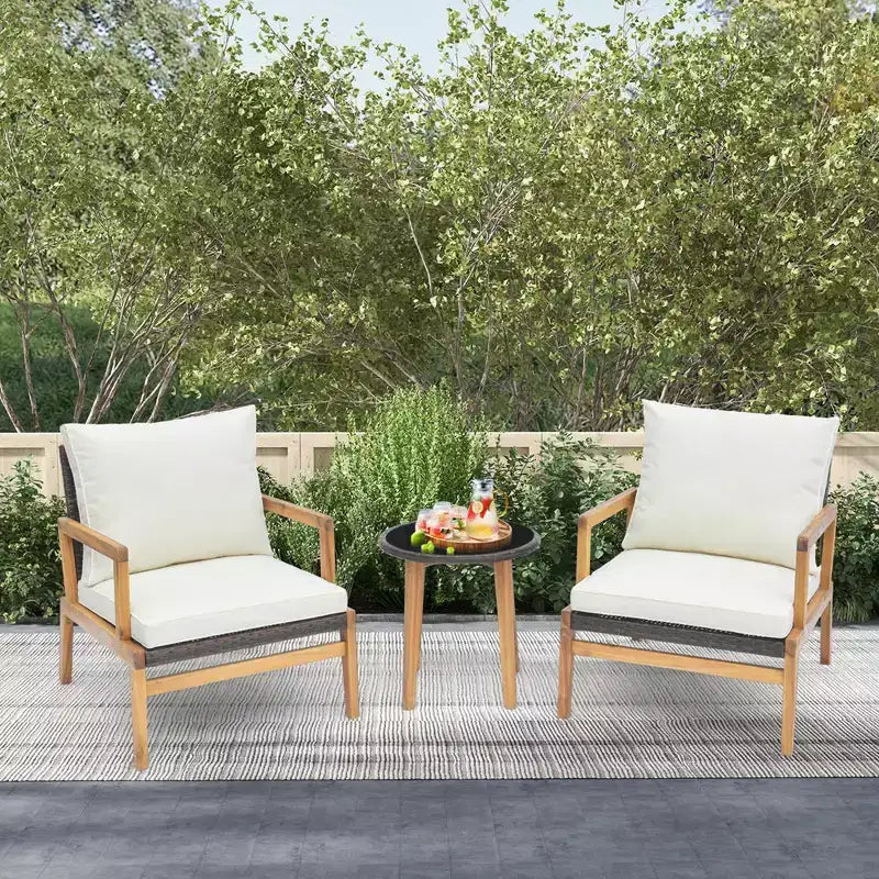 Costway 3 PCS Outdoor Furniture Set with Cushioned Chairs and Tempered Glass Side Table