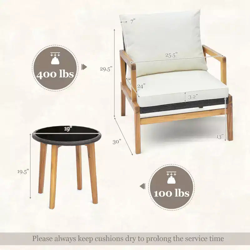 Costway 3 PCS Outdoor Furniture Set with Cushioned Chairs and Tempered Glass Side Table