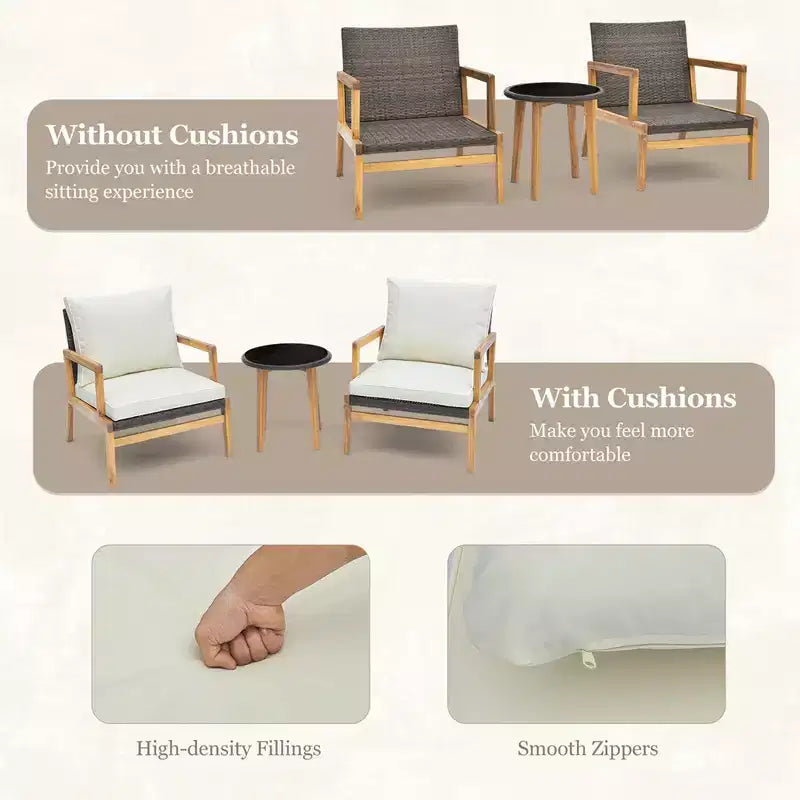 Costway 3 PCS Outdoor Furniture Set with Cushioned Chairs and Tempered Glass Side Table