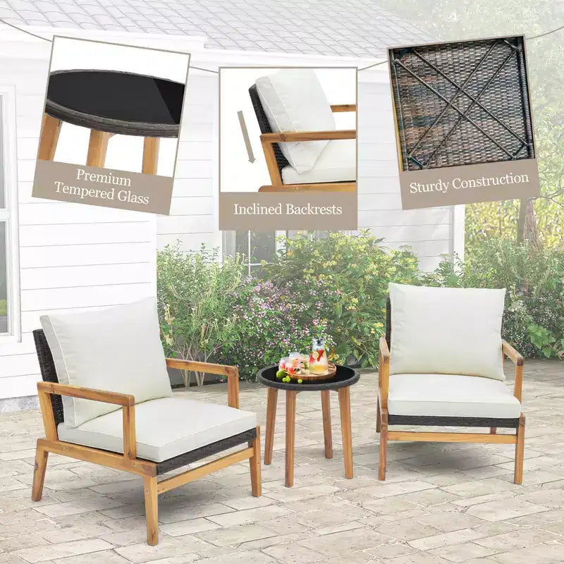 Costway 3 PCS Outdoor Furniture Set with Cushioned Chairs and Tempered Glass Side Table