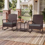 Costway 3 Piece Patio Rocking Set Wicker Rocking Chairs with 2-Tier Coffee Table Turquoise/Off White/Black