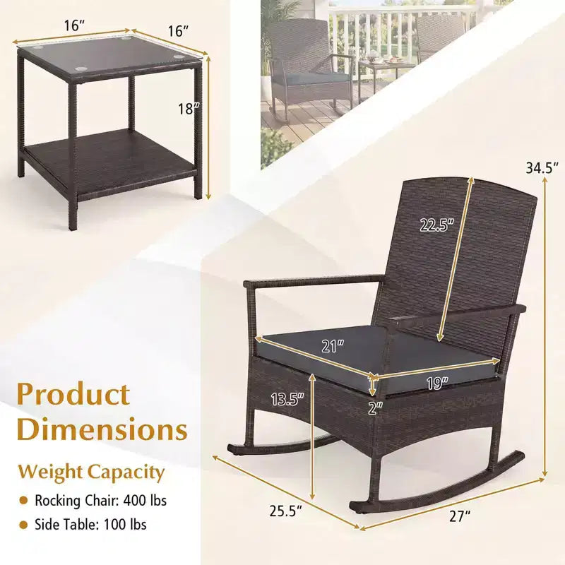 Costway 3 Piece Patio Rocking Set Wicker Rocking Chairs with 2-Tier Coffee Table Turquoise/Off White/Black