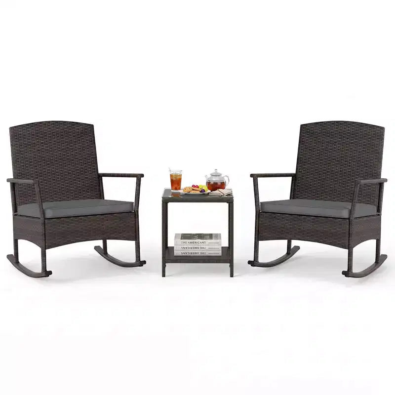 Costway 3 Piece Patio Rocking Set Wicker Rocking Chairs with 2-Tier Coffee Table Turquoise/Off White/Black