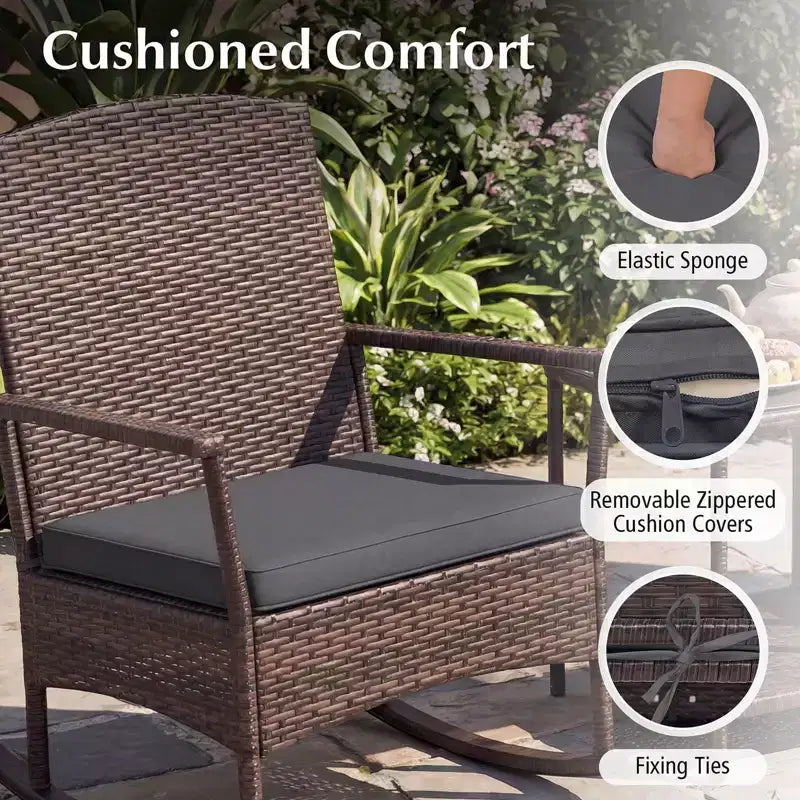 Costway 3 Piece Patio Rocking Set Wicker Rocking Chairs with 2-Tier Coffee Table Turquoise/Off White/Black
