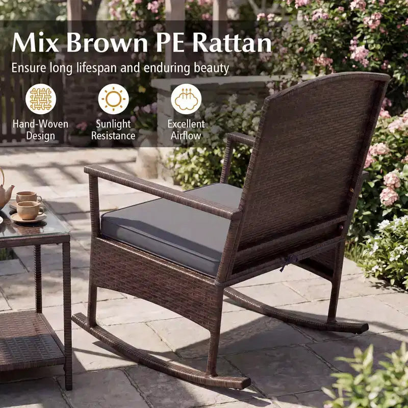 Costway 3 Piece Patio Rocking Set Wicker Rocking Chairs with 2-Tier Coffee Table Turquoise/Off White/Black