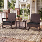 Costway 3 Piece Patio Rocking Set Wicker Rocking Chairs with 2-Tier Coffee Table Turquoise/Off White/Black