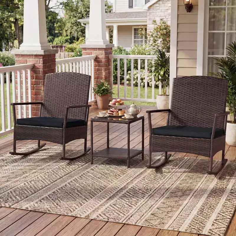 Costway 3 Piece Patio Rocking Set Wicker Rocking Chairs with 2-Tier Coffee Table Turquoise/Off White/Black