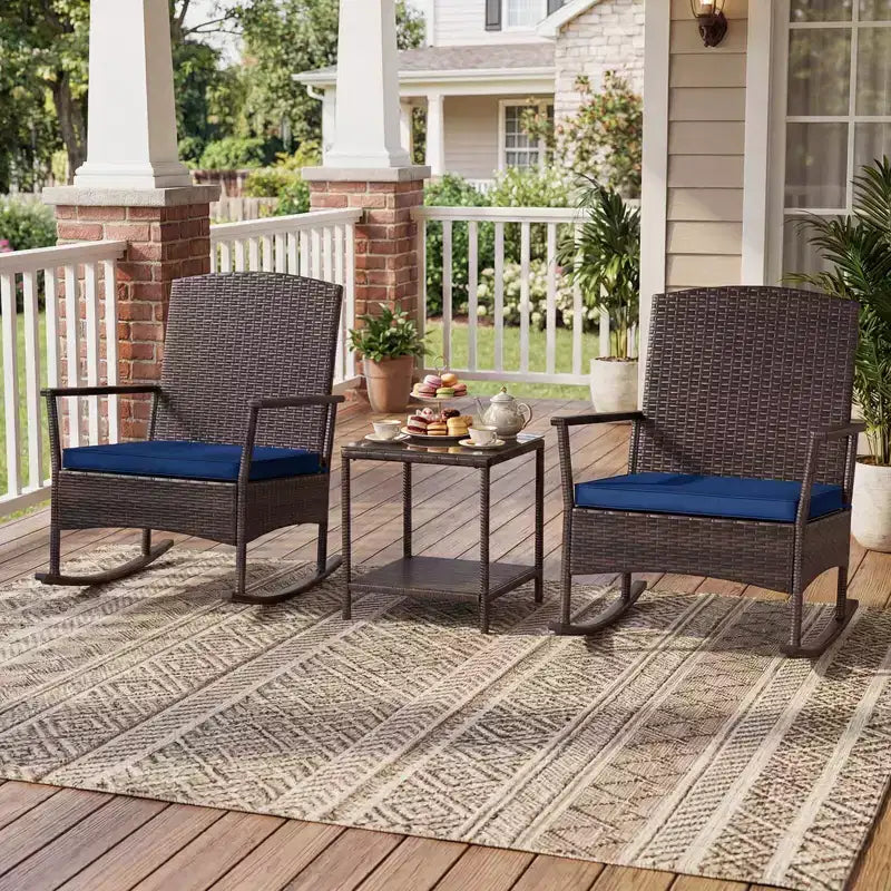 Costway 3 Piece Patio Rocking Set Wicker Rocking Chairs with 2-Tier Coffee Table Turquoise/Off White/Black