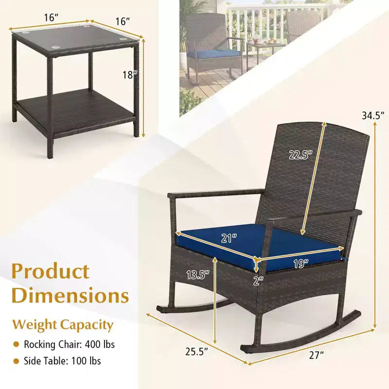 Costway 3 Piece Patio Rocking Set Wicker Rocking Chairs with 2-Tier Coffee Table Turquoise/Off White/Black