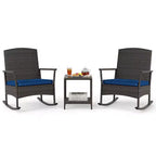 Costway 3 Piece Patio Rocking Set Wicker Rocking Chairs with 2-Tier Coffee Table Turquoise/Off White/Black