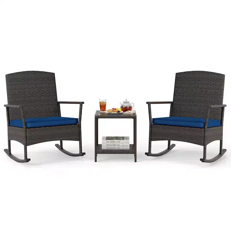 Costway 3 Piece Patio Rocking Set Wicker Rocking Chairs with 2-Tier Coffee Table Turquoise/Off White/Black