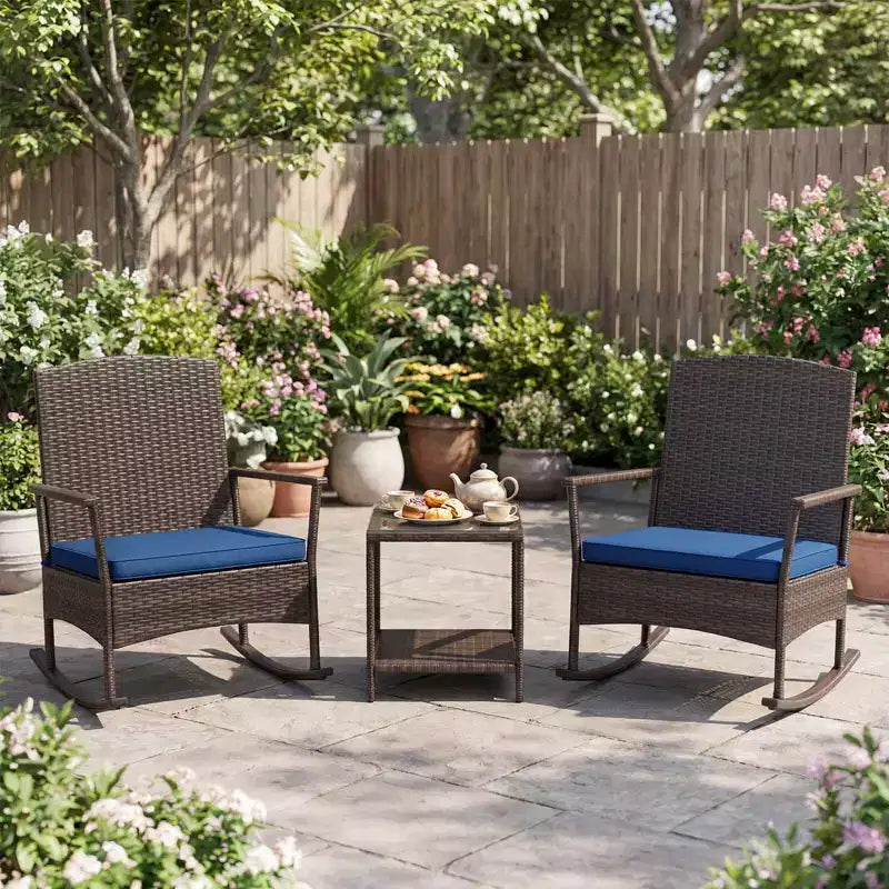 Costway 3 Piece Patio Rocking Set Wicker Rocking Chairs with 2-Tier Coffee Table Turquoise/Off White/Black