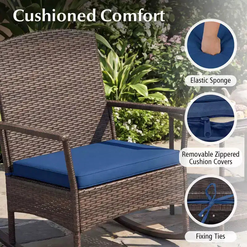 Costway 3 Piece Patio Rocking Set Wicker Rocking Chairs with 2-Tier Coffee Table Turquoise/Off White/Black