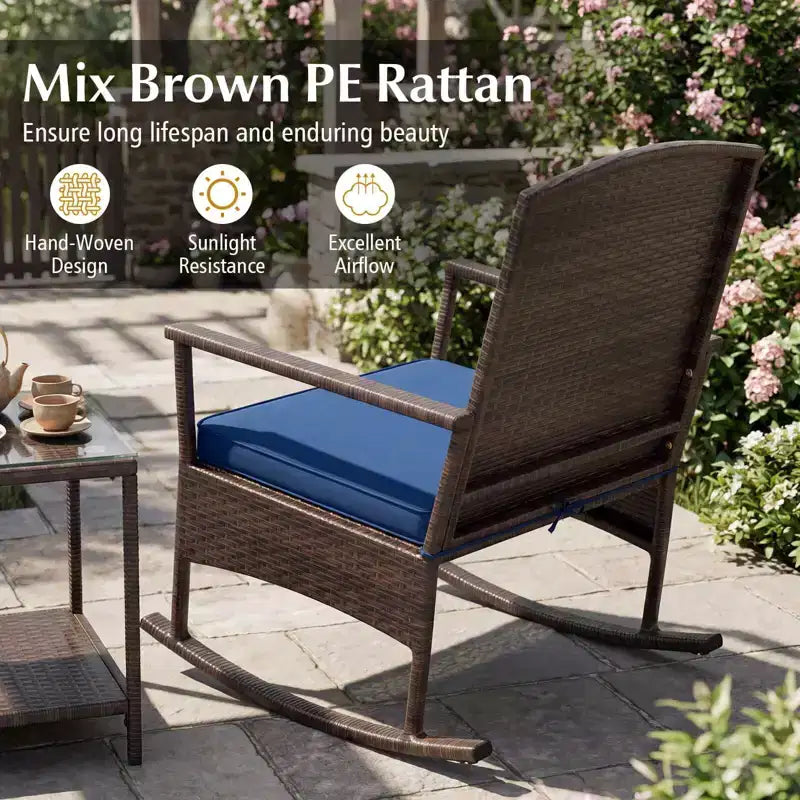 Costway 3 Piece Patio Rocking Set Wicker Rocking Chairs with 2-Tier Coffee Table Turquoise/Off White/Black