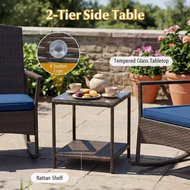 Costway 3 Piece Patio Rocking Set Wicker Rocking Chairs with 2-Tier Coffee Table Turquoise/Off White/Black