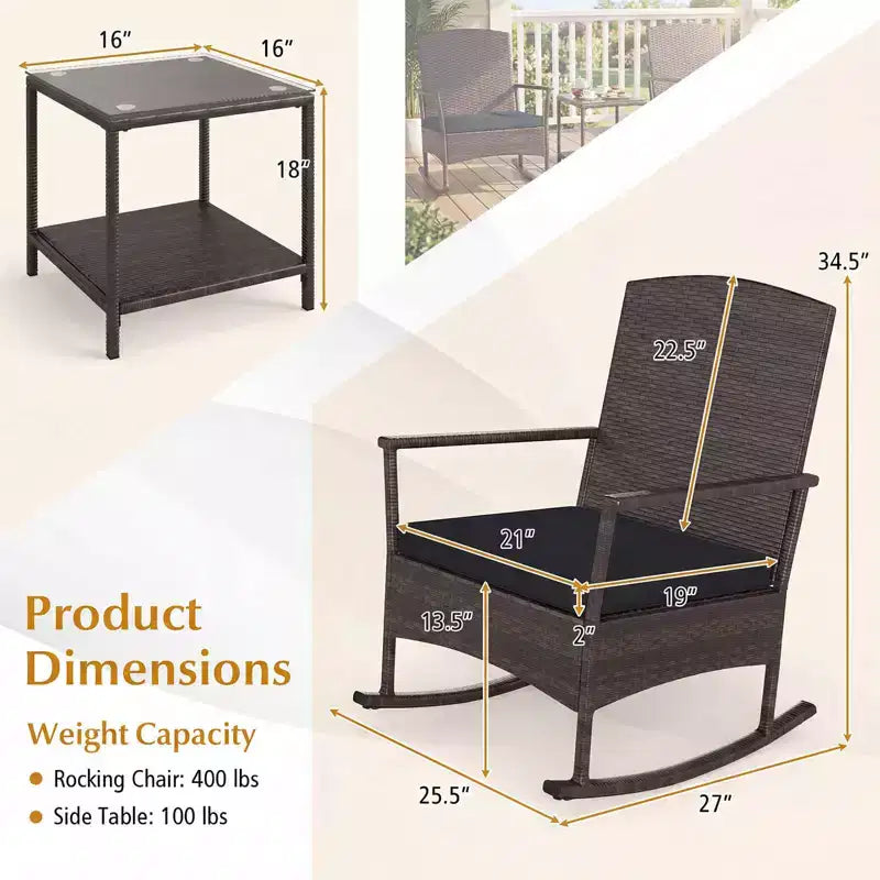Costway 3 Piece Patio Rocking Set Wicker Rocking Chairs with 2-Tier Coffee Table Turquoise/Off White/Black
