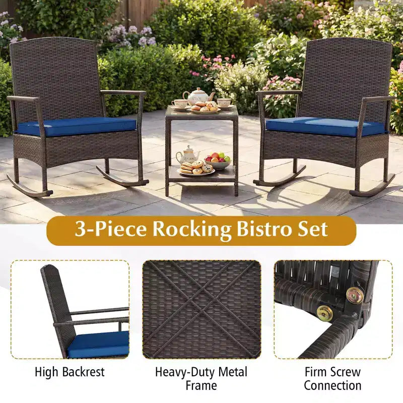 Costway 3 Piece Patio Rocking Set Wicker Rocking Chairs with 2-Tier Coffee Table Turquoise/Off White/Black