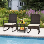 Costway 3 Piece Patio Rocking Set Wicker Rocking Chairs with 2-Tier Coffee Table Turquoise/Off White/Black