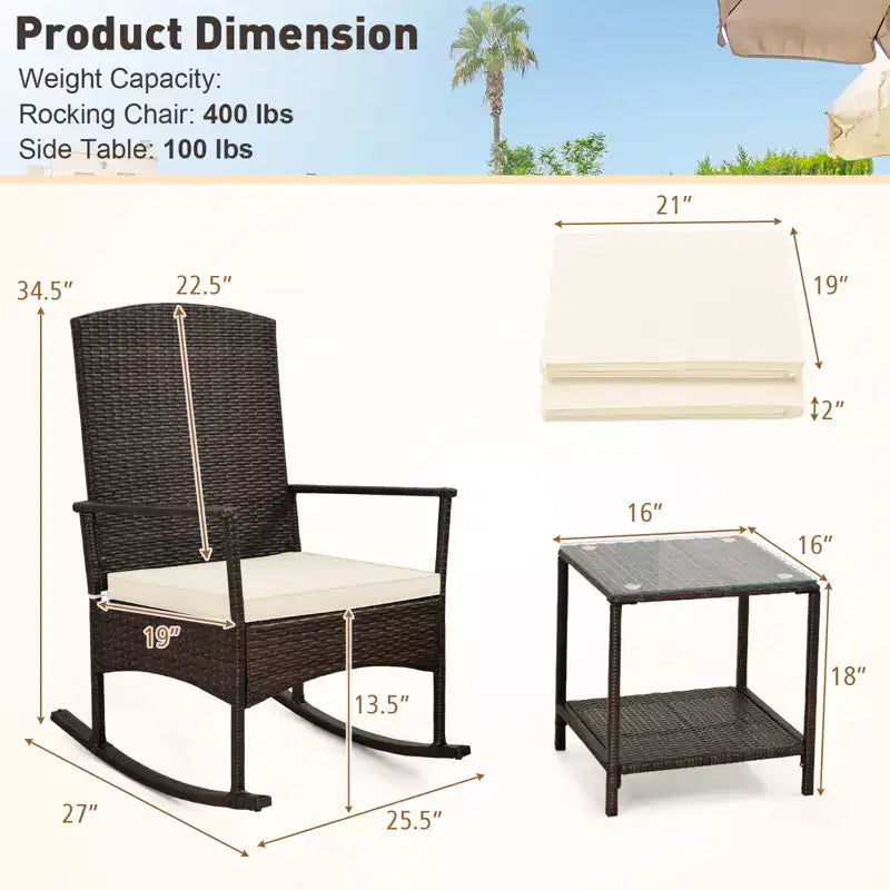 Costway 3 Piece Patio Rocking Set Wicker Rocking Chairs with 2-Tier Coffee Table Turquoise/Off White/Black