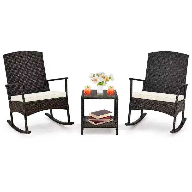 Costway 3 Piece Patio Rocking Set Wicker Rocking Chairs with 2-Tier Coffee Table Turquoise/Off White/Black