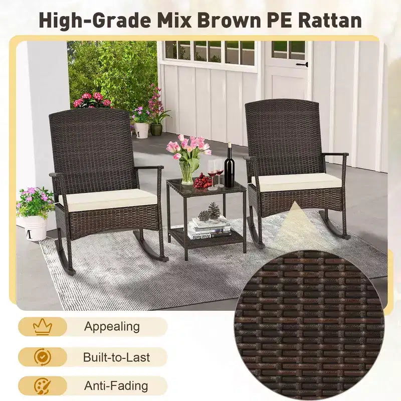 Costway 3 Piece Patio Rocking Set Wicker Rocking Chairs with 2-Tier Coffee Table Turquoise/Off White/Black