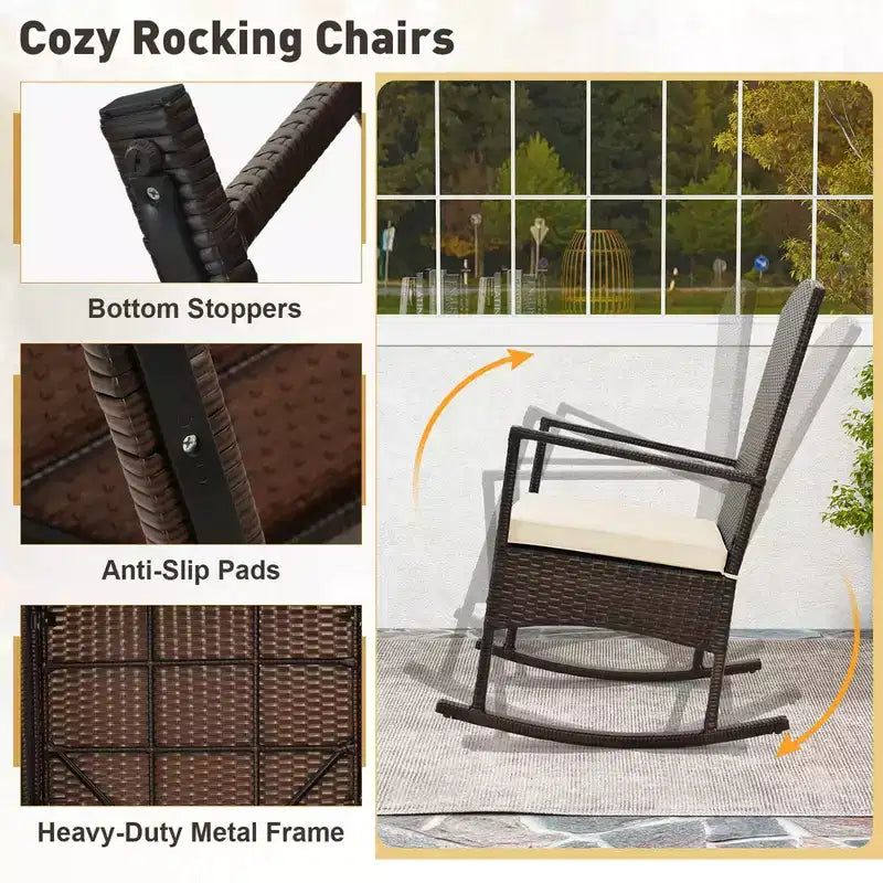 Costway 3 Piece Patio Rocking Set Wicker Rocking Chairs with 2-Tier Coffee Table Turquoise/Off White/Black