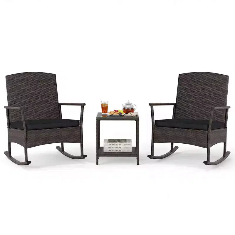Costway 3 Piece Patio Rocking Set Wicker Rocking Chairs with 2-Tier Coffee Table Turquoise/Off White/Black