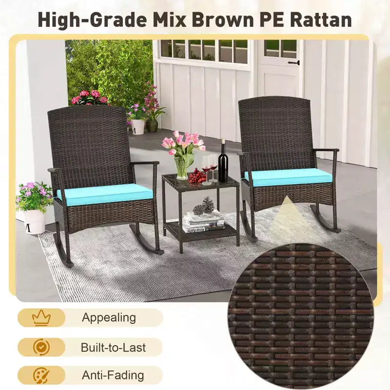 Costway 3 Piece Patio Rocking Set Wicker Rocking Chairs with 2-Tier Coffee Table Turquoise/Off White/Black