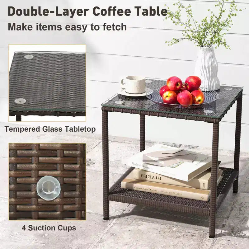 Costway 3 Piece Patio Rocking Set Wicker Rocking Chairs with 2-Tier Coffee Table Turquoise/Off White/Black