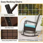 Costway 3 Piece Patio Rocking Set Wicker Rocking Chairs with 2-Tier Coffee Table Turquoise/Off White/Black