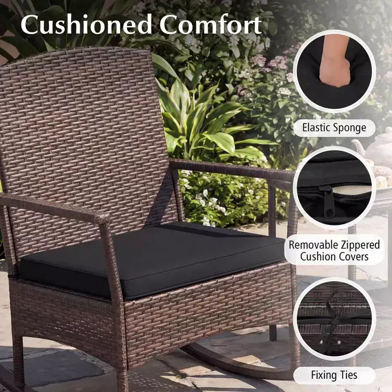 Costway 3 Piece Patio Rocking Set Wicker Rocking Chairs with 2-Tier Coffee Table Turquoise/Off White/Black