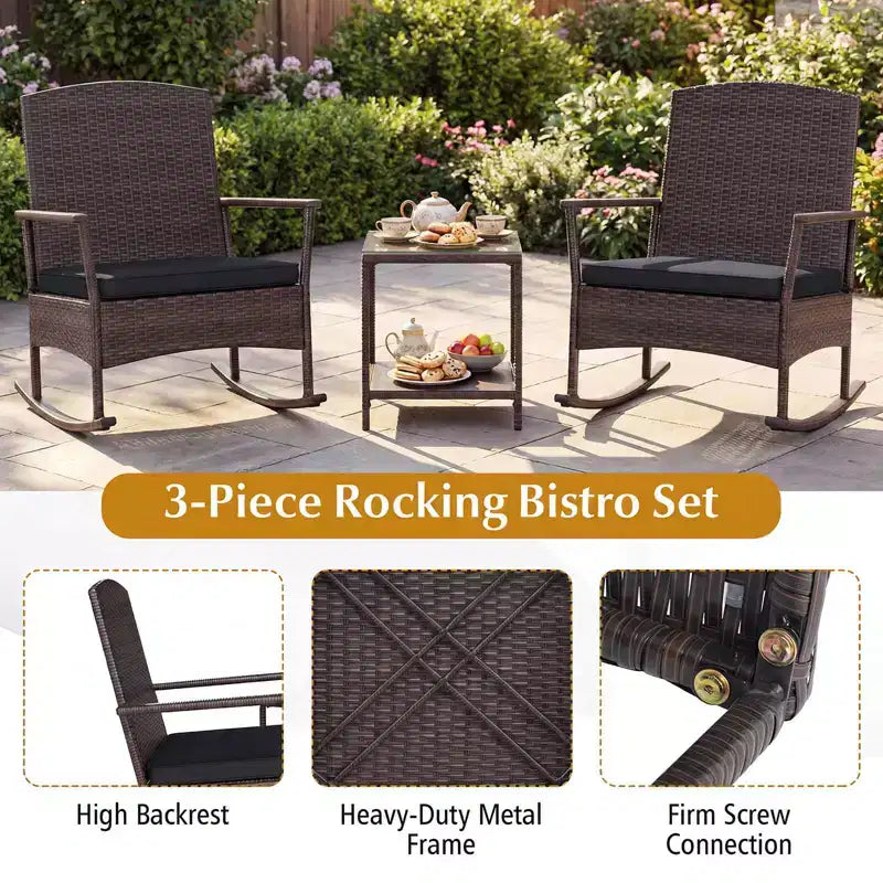 Costway 3 Piece Patio Rocking Set Wicker Rocking Chairs with 2-Tier Coffee Table Turquoise/Off White/Black