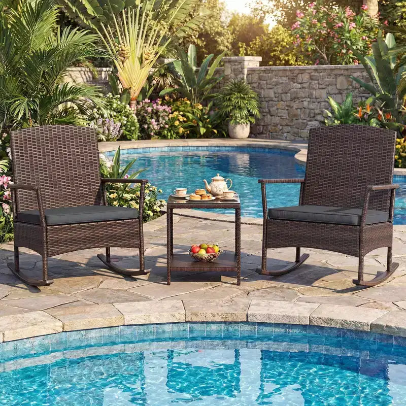 Costway 3 Piece Patio Rocking Set Wicker Rocking Chairs with 2-Tier Coffee Table Turquoise/Off White/Black