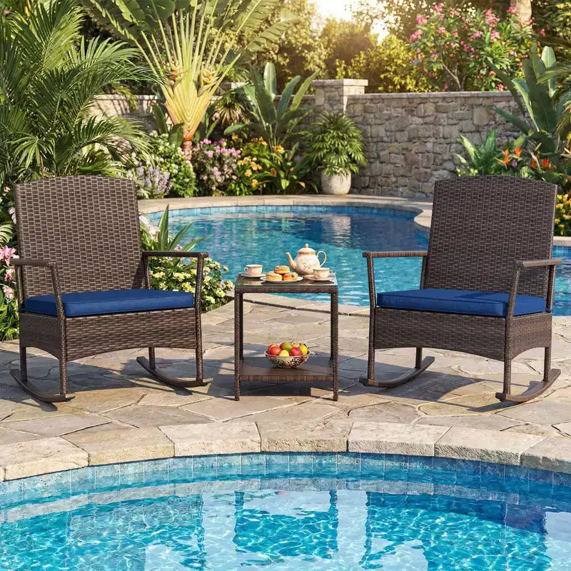 Costway 3 Piece Patio Rocking Set Wicker Rocking Chairs with 2-Tier Coffee Table Turquoise/Off White/Black