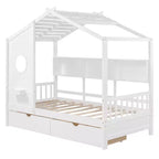 Twin/Full Size Wooden House Bed with 2 Drawers, Kids Bed with Storage Shelf - ModernLuxe