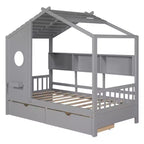Twin/Full Size Wooden House Bed with 2 Drawers, Kids Bed with Storage Shelf - ModernLuxe