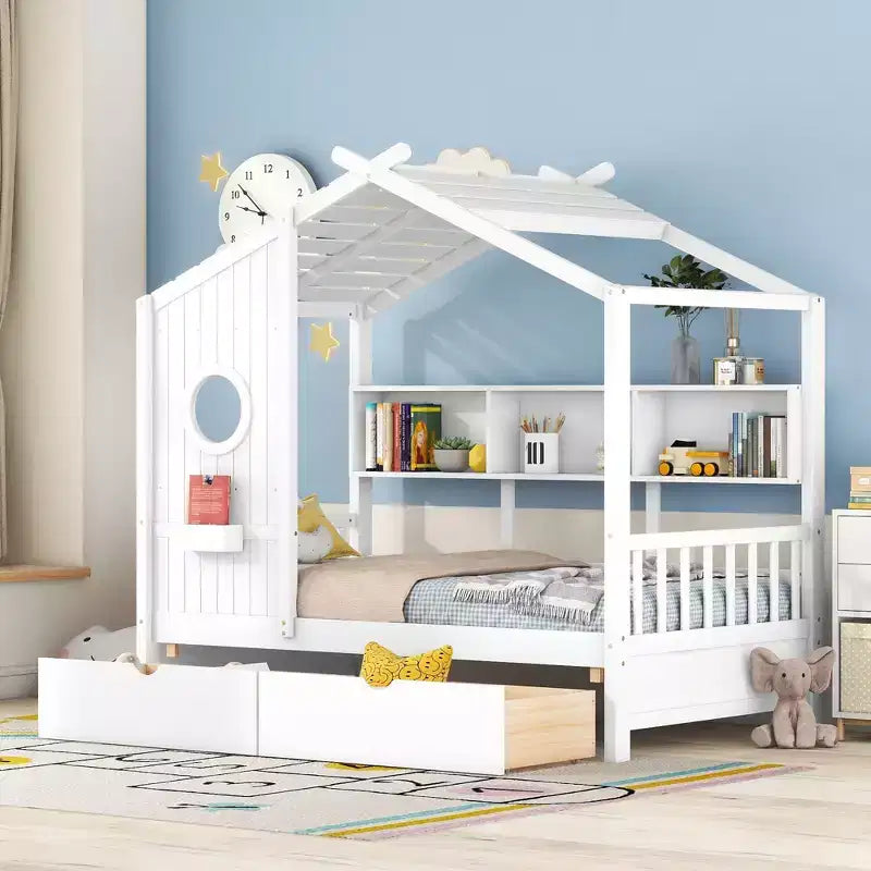 Twin/Full Size Wooden House Bed with 2 Drawers, Kids Bed with Storage Shelf - ModernLuxe