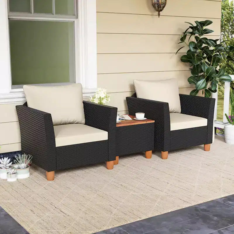 Costway 3PCS Patio Rattan Furniture Set Cushioned Sofa Storage Table with Wood Top White/Black/Grey/Navy/Red/Turquoise