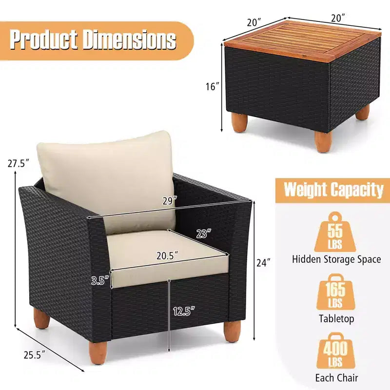 Costway 3PCS Patio Rattan Furniture Set Cushioned Sofa Storage Table with Wood Top White/Black/Grey/Navy/Red/Turquoise