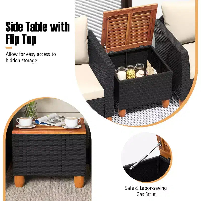 Costway 3PCS Patio Rattan Furniture Set Cushioned Sofa Storage Table with Wood Top White/Black/Grey/Navy/Red/Turquoise