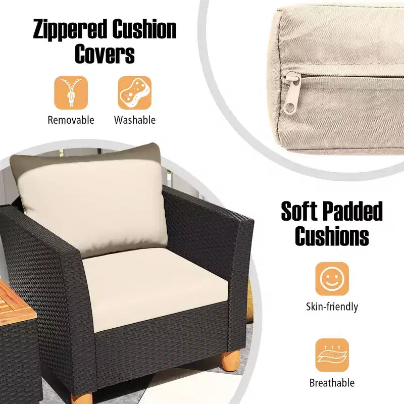 Costway 3PCS Patio Rattan Furniture Set Cushioned Sofa Storage Table with Wood Top White/Black/Grey/Navy/Red/Turquoise