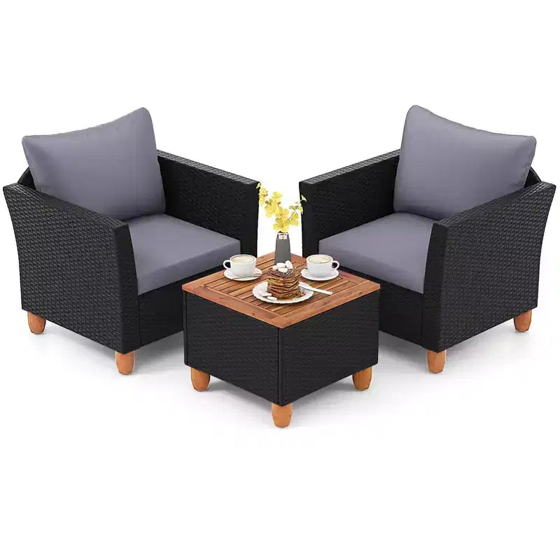 Costway 3PCS Patio Rattan Furniture Set Cushioned Sofa Storage Table with Wood Top White/Black/Grey/Navy/Red/Turquoise