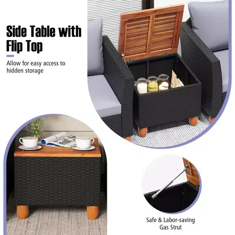 Costway 3PCS Patio Rattan Furniture Set Cushioned Sofa Storage Table with Wood Top White/Black/Grey/Navy/Red/Turquoise