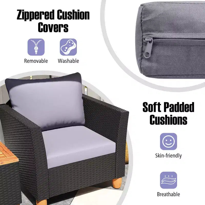 Costway 3PCS Patio Rattan Furniture Set Cushioned Sofa Storage Table with Wood Top White/Black/Grey/Navy/Red/Turquoise