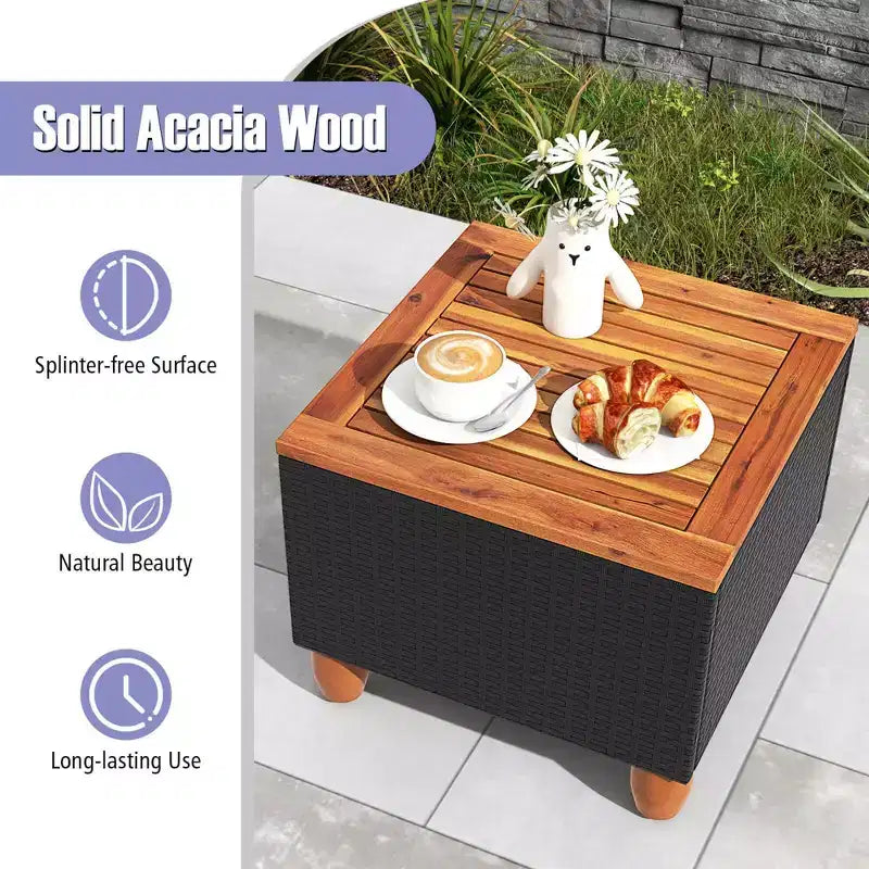 Costway 3PCS Patio Rattan Furniture Set Cushioned Sofa Storage Table with Wood Top White/Black/Grey/Navy/Red/Turquoise