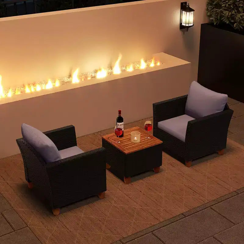 Costway 3PCS Patio Rattan Furniture Set Cushioned Sofa Storage Table with Wood Top White/Black/Grey/Navy/Red/Turquoise