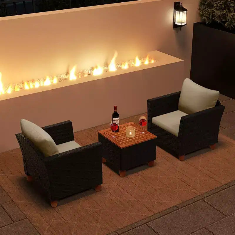 Costway 3PCS Patio Rattan Furniture Set Cushioned Sofa Storage Table with Wood Top White/Black/Grey/Navy/Red/Turquoise