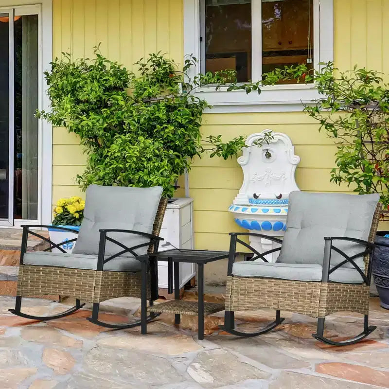 Outsunny 3 Piece Rocking Wicker Bistro Set, Outdoor Patio Furniture Set with two Porch Rocker Chairs, Cushions, Two-Tier Coffee Table