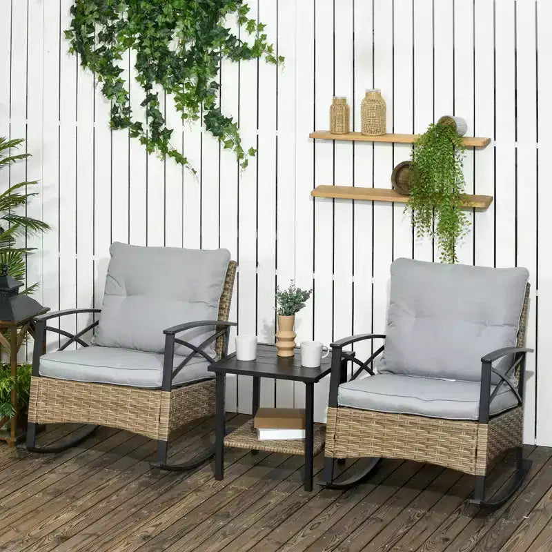 Outsunny 3 Piece Rocking Wicker Bistro Set, Outdoor Patio Furniture Set with two Porch Rocker Chairs, Cushions, Two-Tier Coffee Table